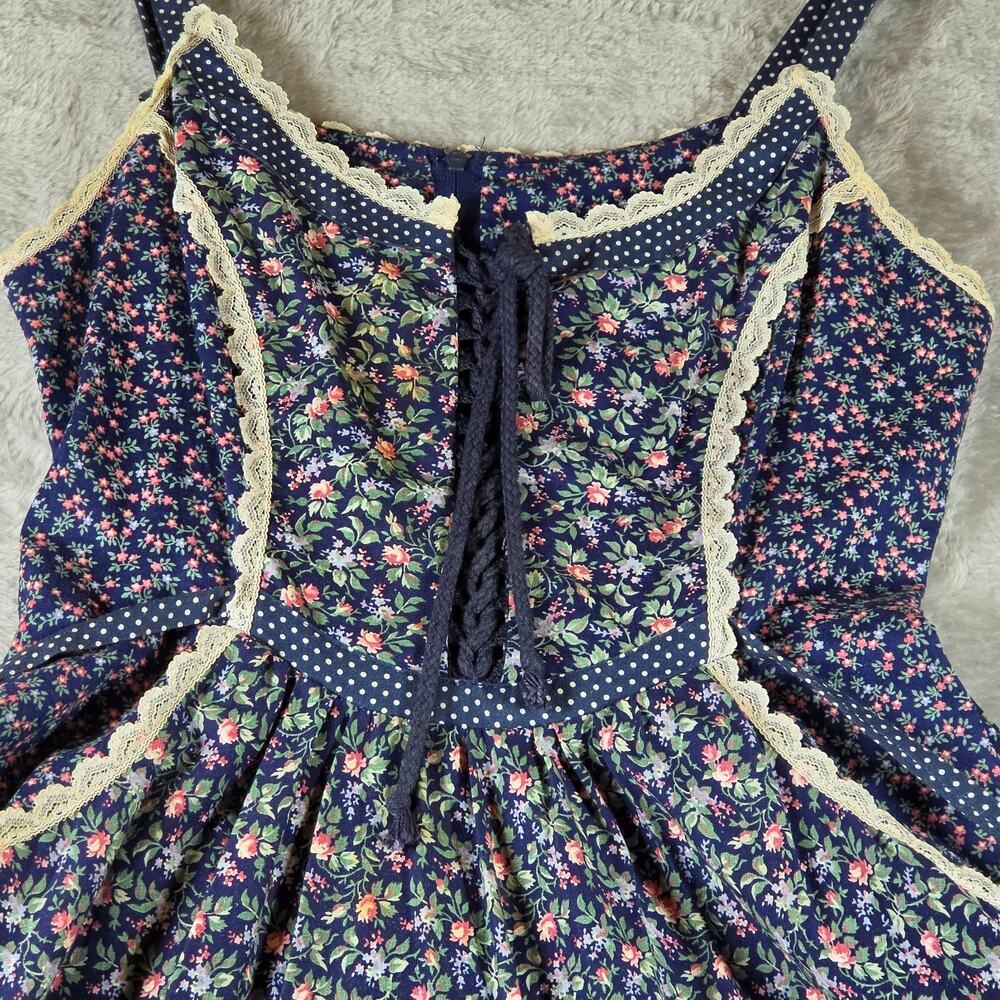 VTG 70s Gunne Sax Jessica Blue Calico Floral Prairie Dress Corset Lace Up Size 7 - Picture 2 of 14